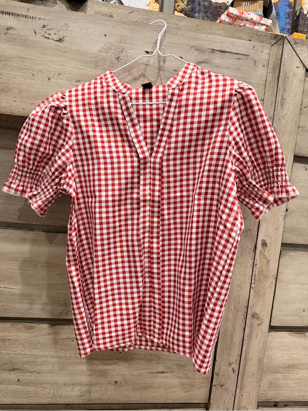 SHEIN Red & White Gingham Puff Sleeve Blouse